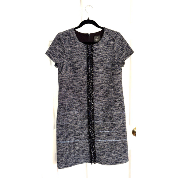 Adrianna Papell Navy Tweed Shift Dress 8 Short Sleeve Fringe Knee-Length - Picture 1 of 9